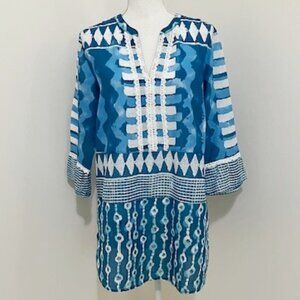 Soft Surroundings Blue & White Top Geometric Design 3/4 Sleeve Lace Trim Size M